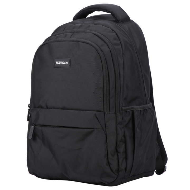 Black backpack angled view with zipped front pocket, 3 compartments and elasticated side pocket, adjustable chest strap and luggage strap