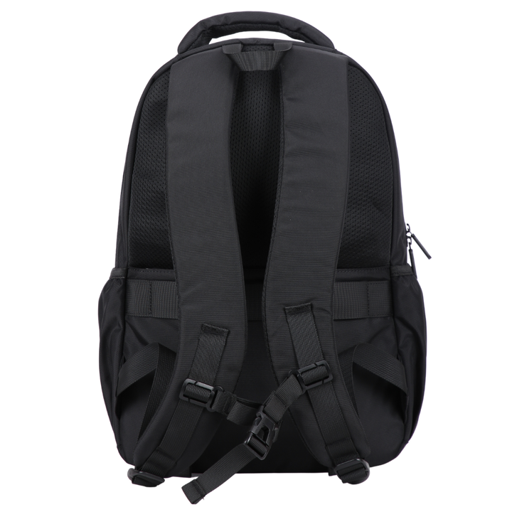 Black backpack back view with padded adjustable shoulder straps and zipped security pocket