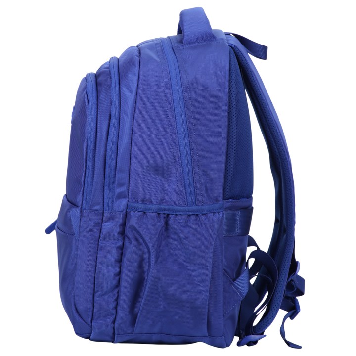 Side view of blue 900d backpack with elasticated side pocket and chest strap and padded ergonomic shoulder straps