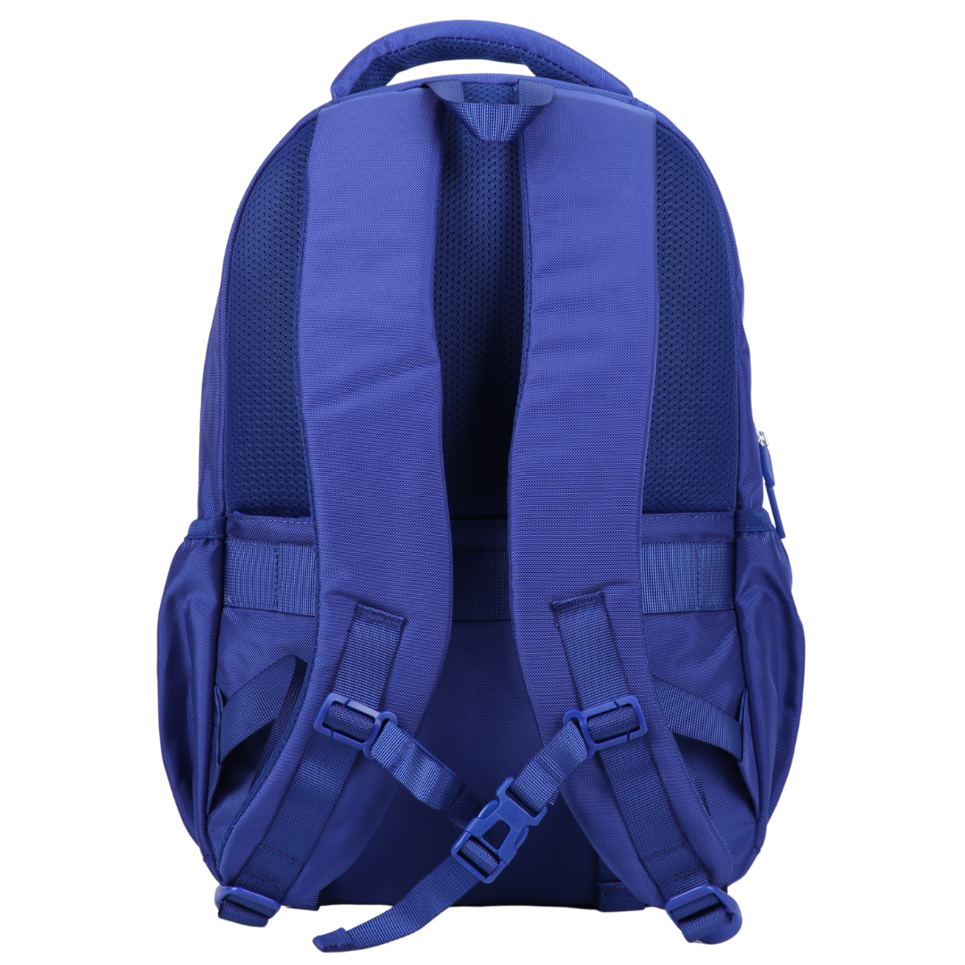 blue backpack shown from the back with adjustable chest strap and luggage strap