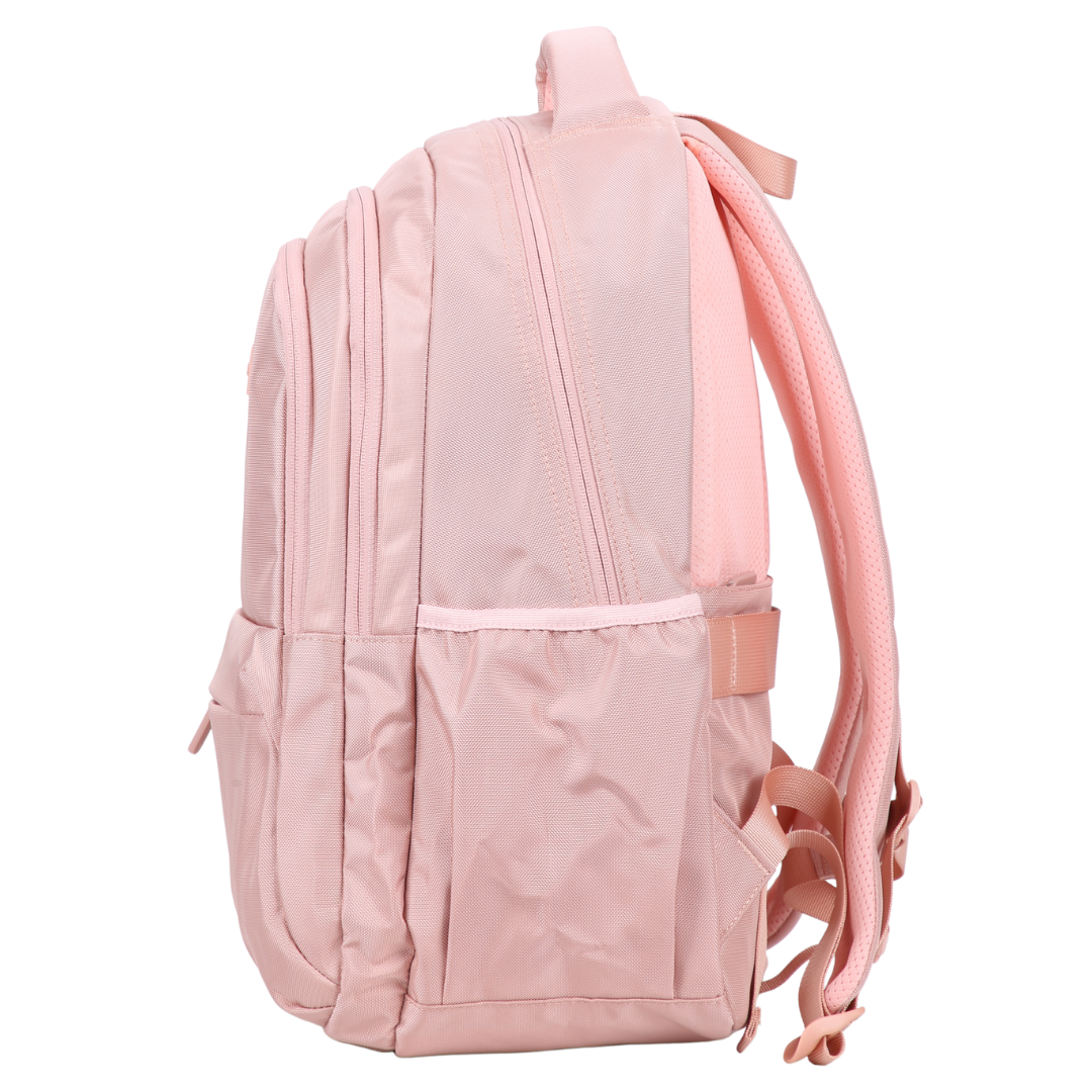side view of Pink backpack with elasticated side pocket for waterbottles
