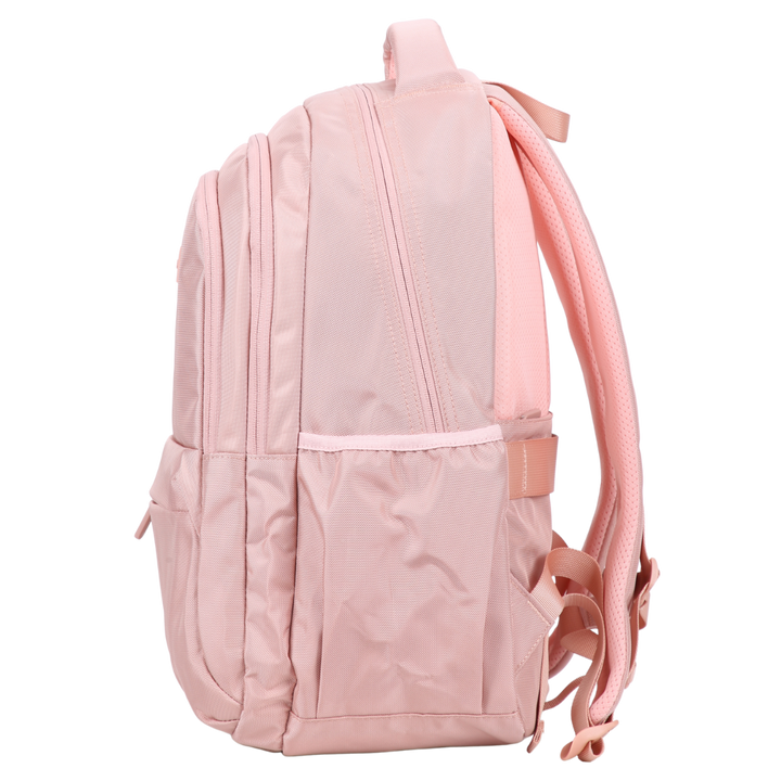 side view of Pink backpack with elasticated side pocket for waterbottles