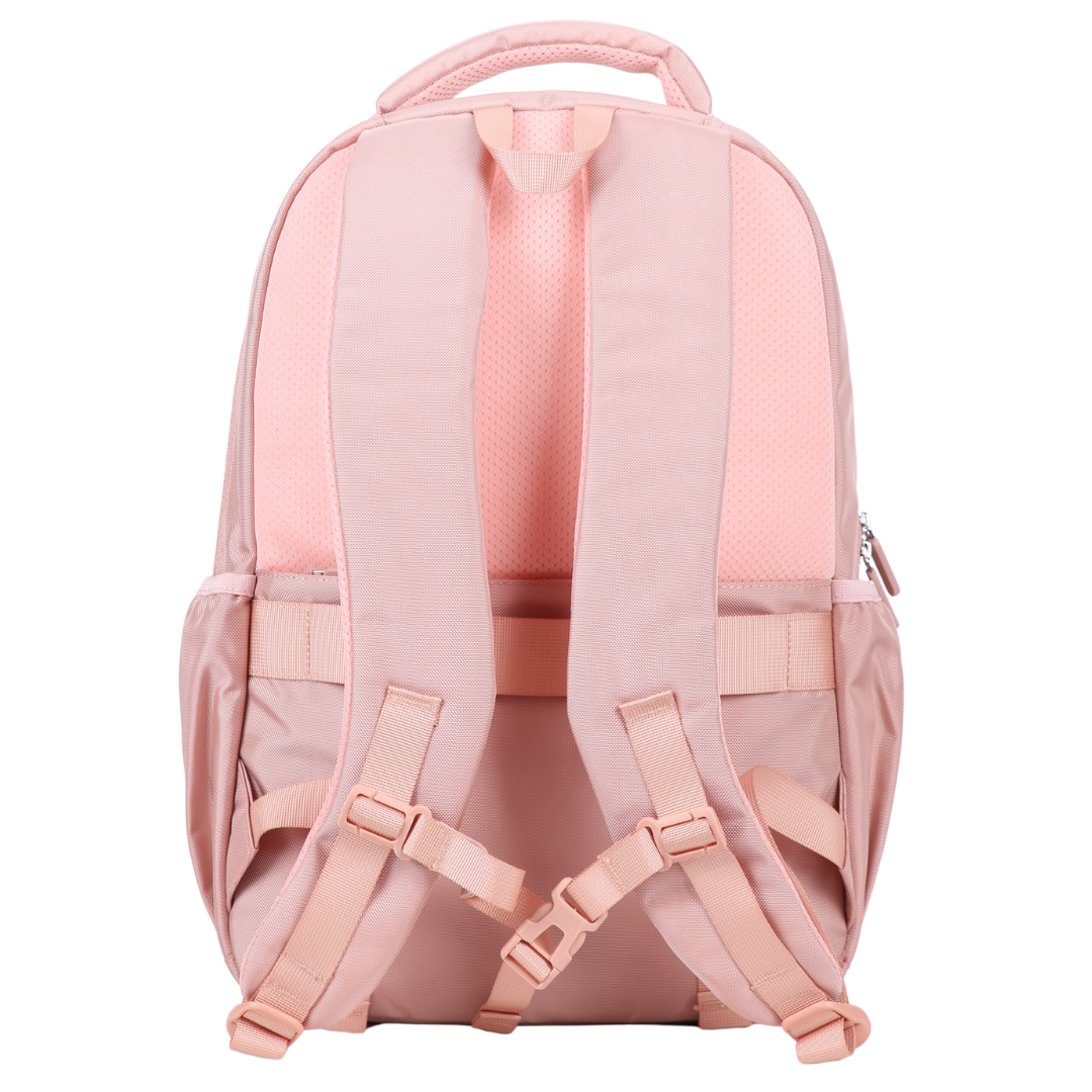 back view of Pink backpack with chest strap, luggage strap and zipped security pockets