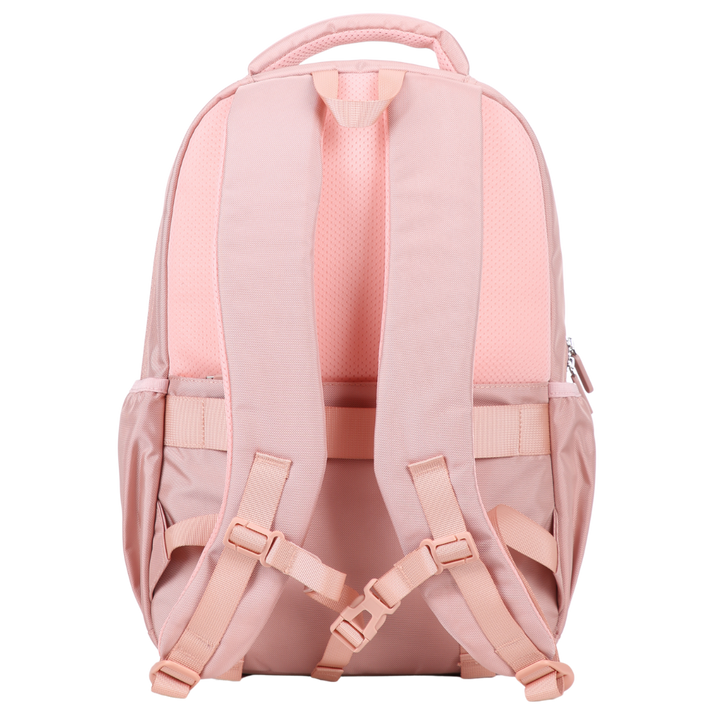 back view of Pink backpack with chest strap, luggage strap and zipped security pockets