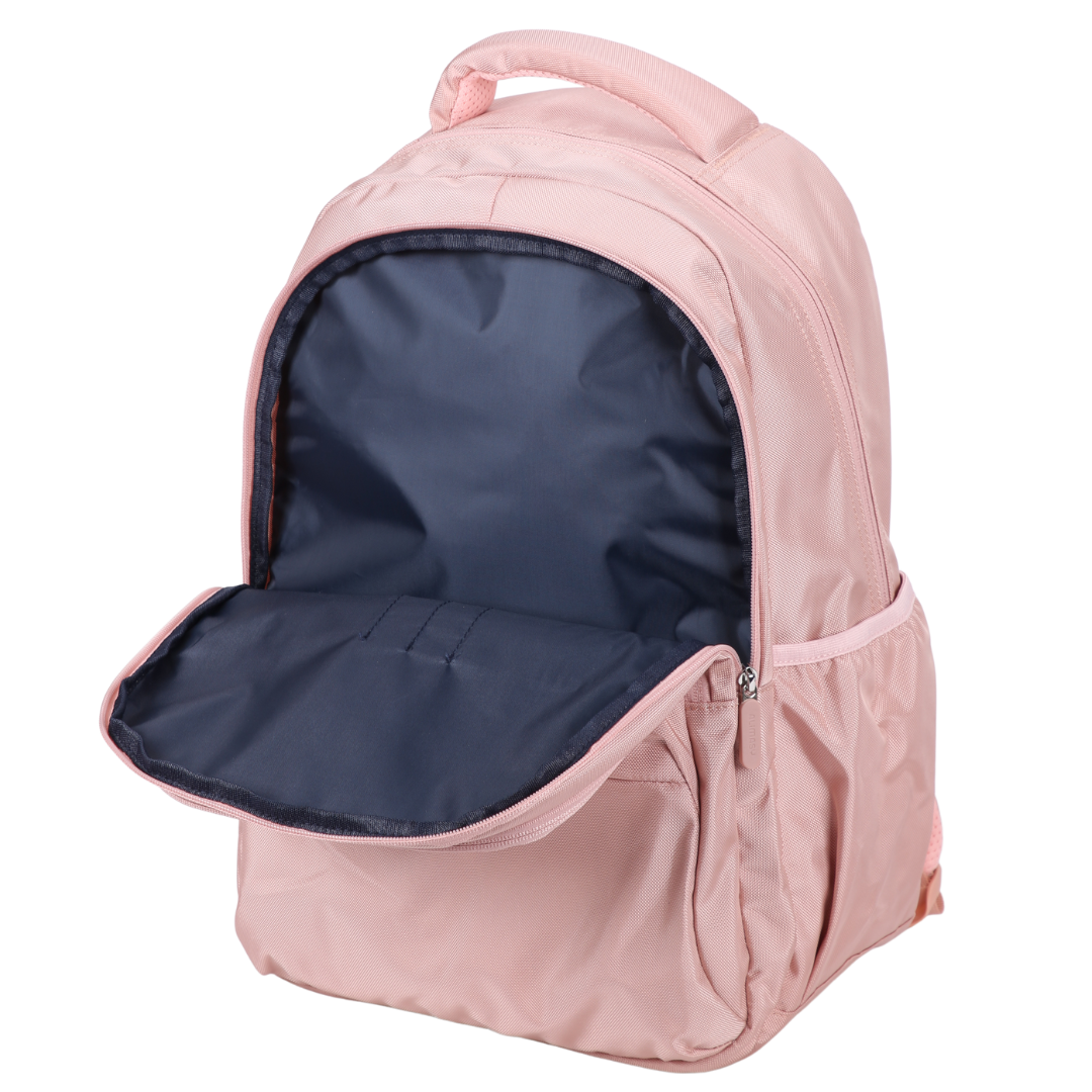 Pink 900d spacious backpack with open front compartment on a white background