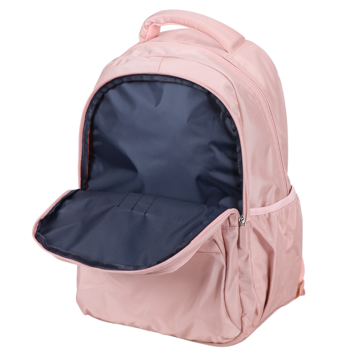 Pink 900d spacious backpack with open front compartment on a white background