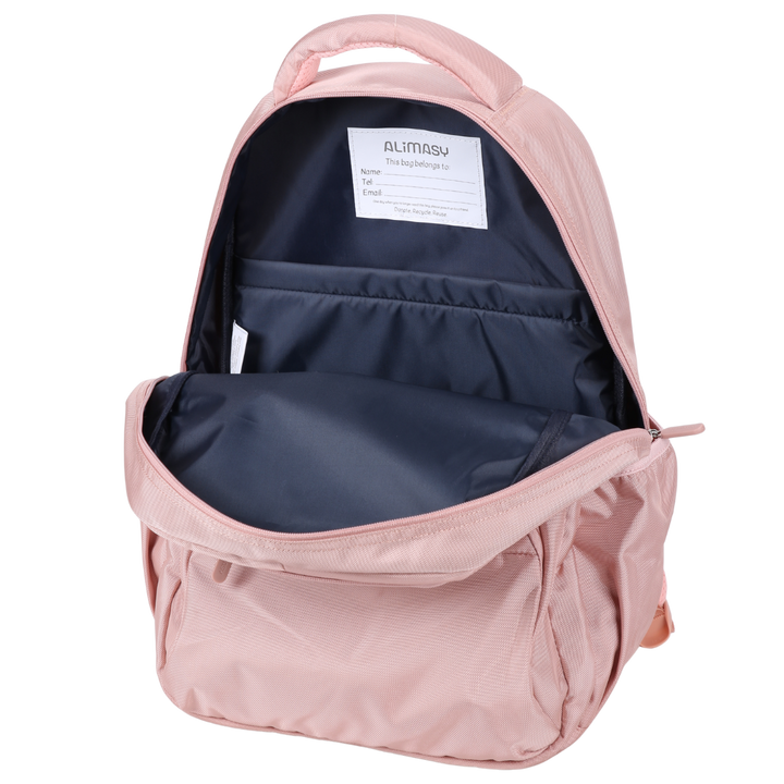 Pink backpack with open front compartment with name label and padded laptop sleeve