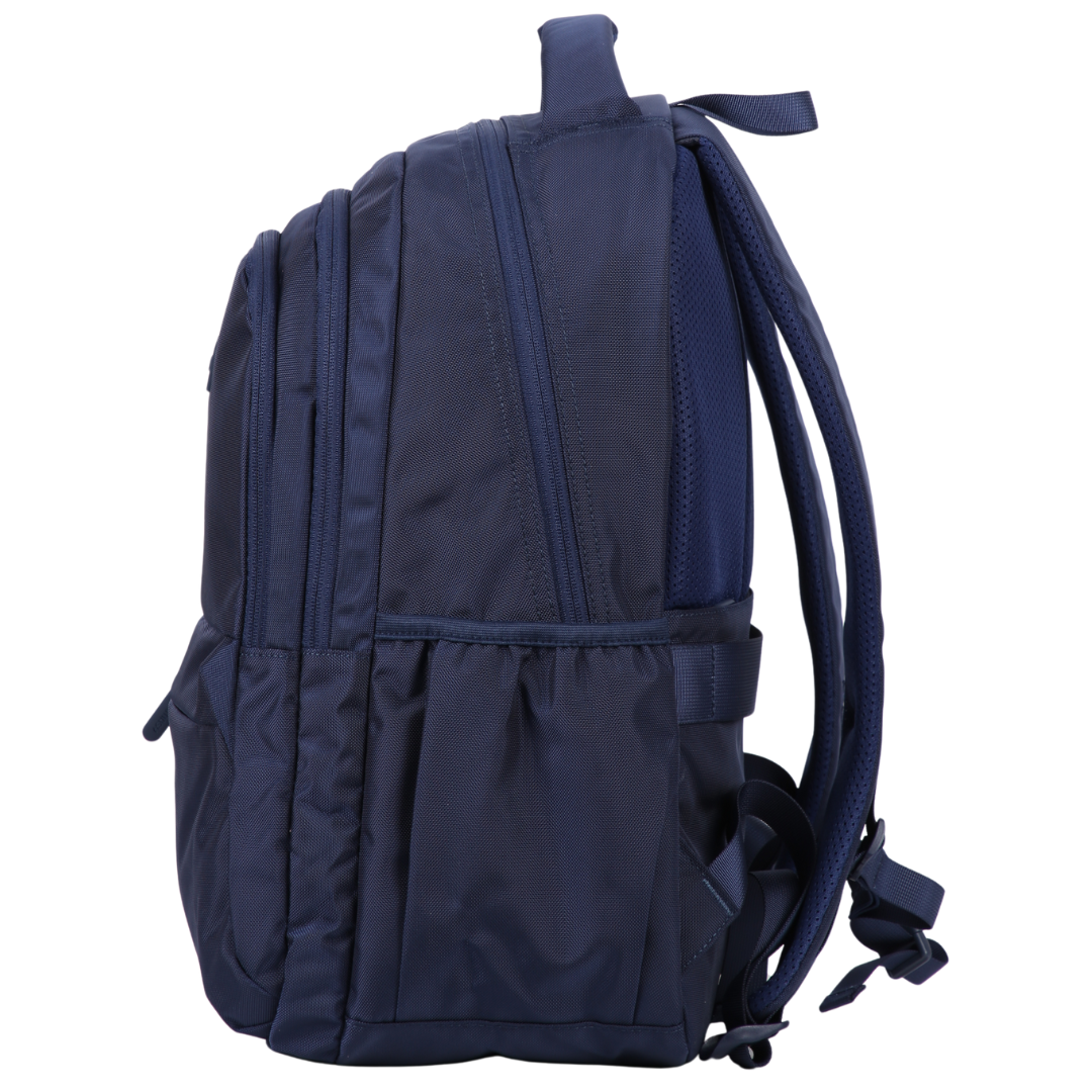 Navy blue backpack side view with elasticated side pocket