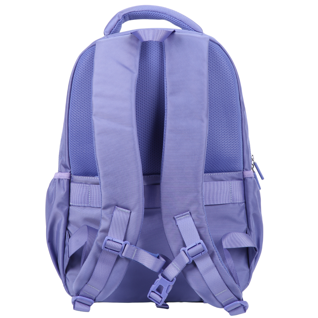 Back of purple backpack with luggage strap and chest strap