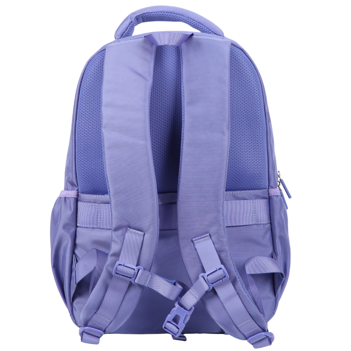 Back of purple backpack with luggage strap and chest strap
