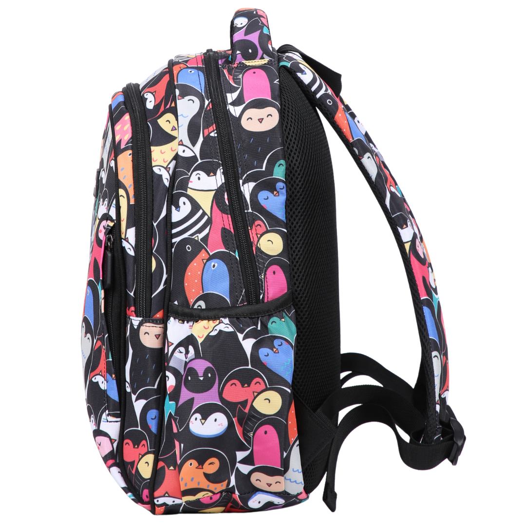Colourful Penguins Midsize Kids Backpack side pocket elasticated for secure water bottle storage