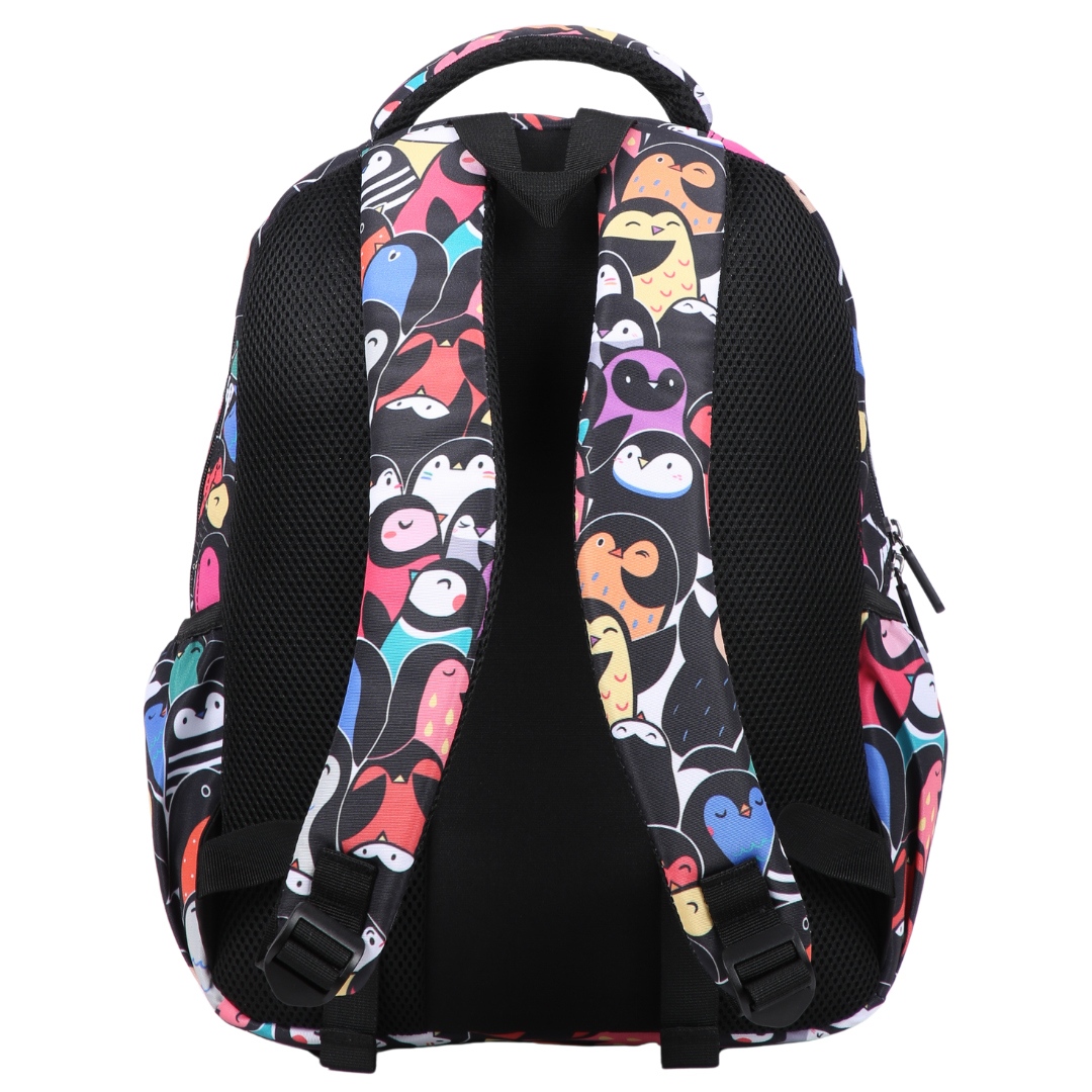 Colourful Penguins Midsize Kids Backpack back view ergonomic padded straps and back, comfortable waterproof kids school bag