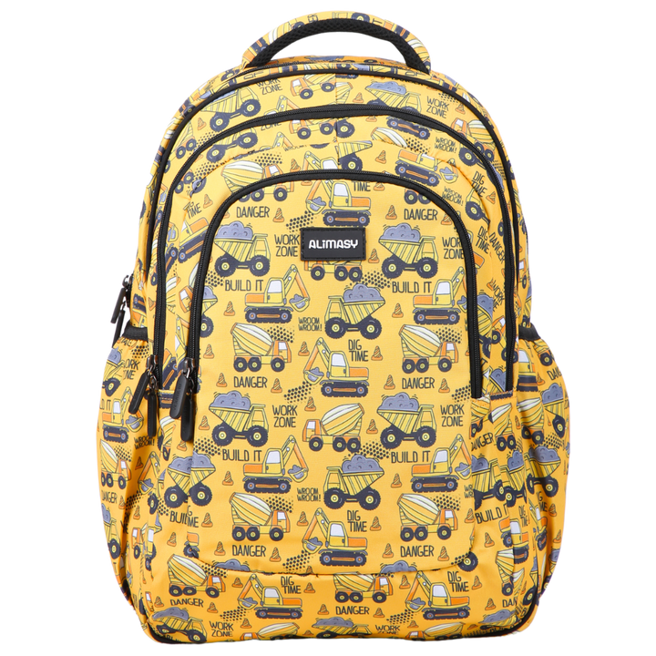 Yellow backpack with construction vehicle pattern on a white background