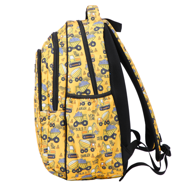 Yellow backpack with construction vehicle pattern on a white background