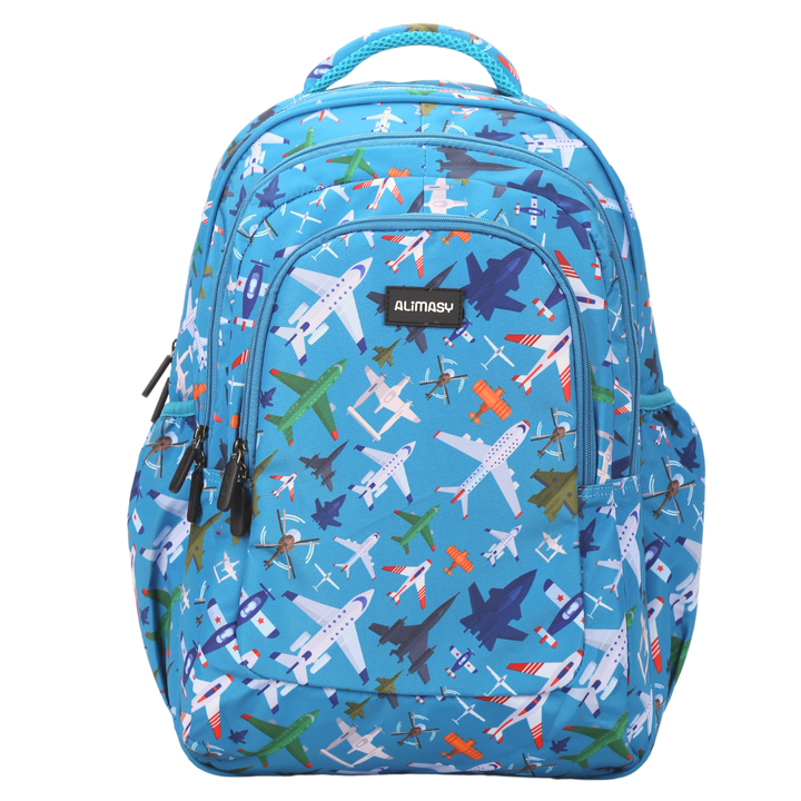 Front view of Blue Planes & Aircraft Large School Backpack Durable kids backpack with spacious compartments