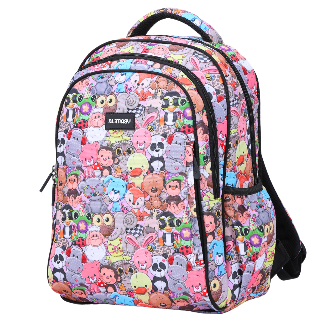 A midsize children's backpack featuring a cute animals theme with various colorful characters printed across it. The backpack has multiple compartments and adjustable straps.
