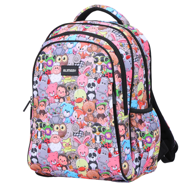 A midsize children's backpack featuring a cute animals theme with various colorful characters printed across it. The backpack has multiple compartments and adjustable straps.