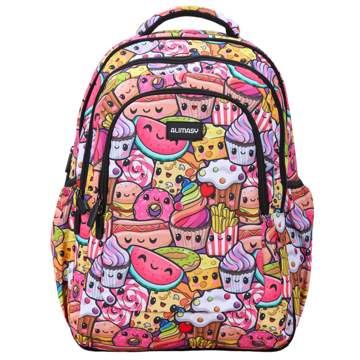 Front view of Cute Treats Large School Backpack Durable kids backpack with spacious compartments