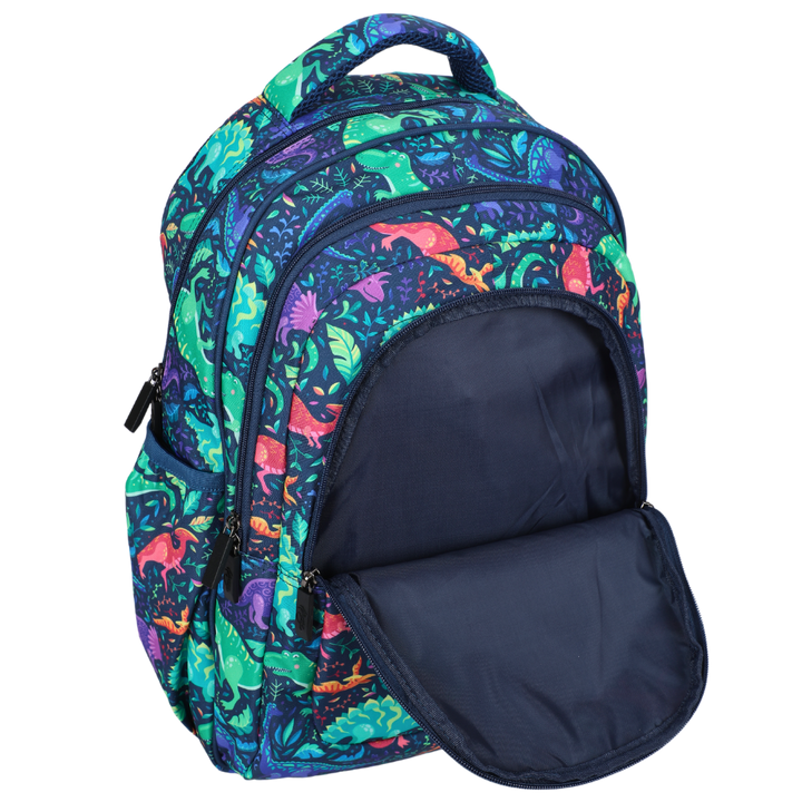 Close-up of Inside of Dinosaurs Large School Backpack Easy clean waterproof lining and durable fabric