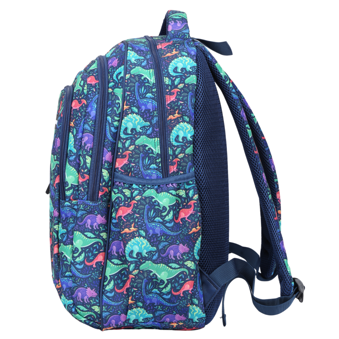 Side view of Dinosaurs Large School Backpack Deep side pockets and multiple carry handles
