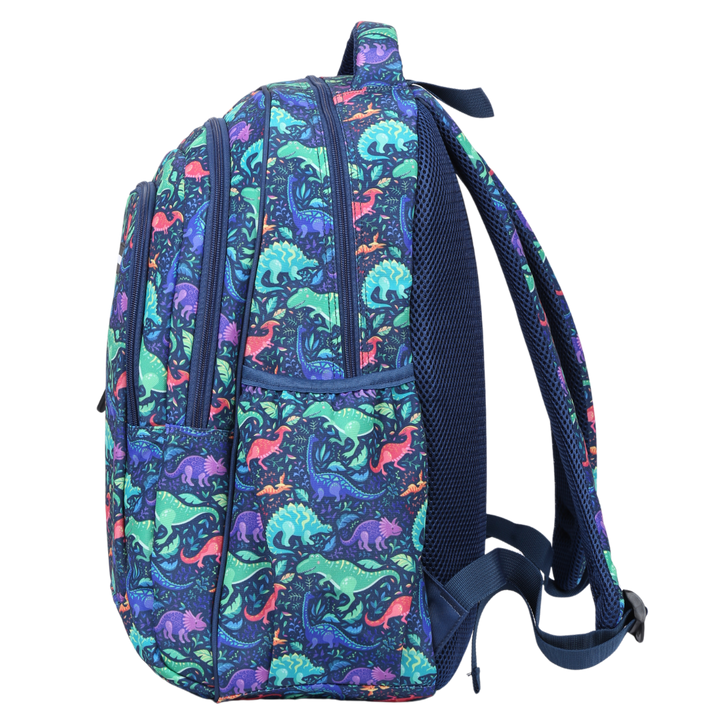 Side view of Dinosaurs Large School Backpack Deep side pockets and multiple carry handles
