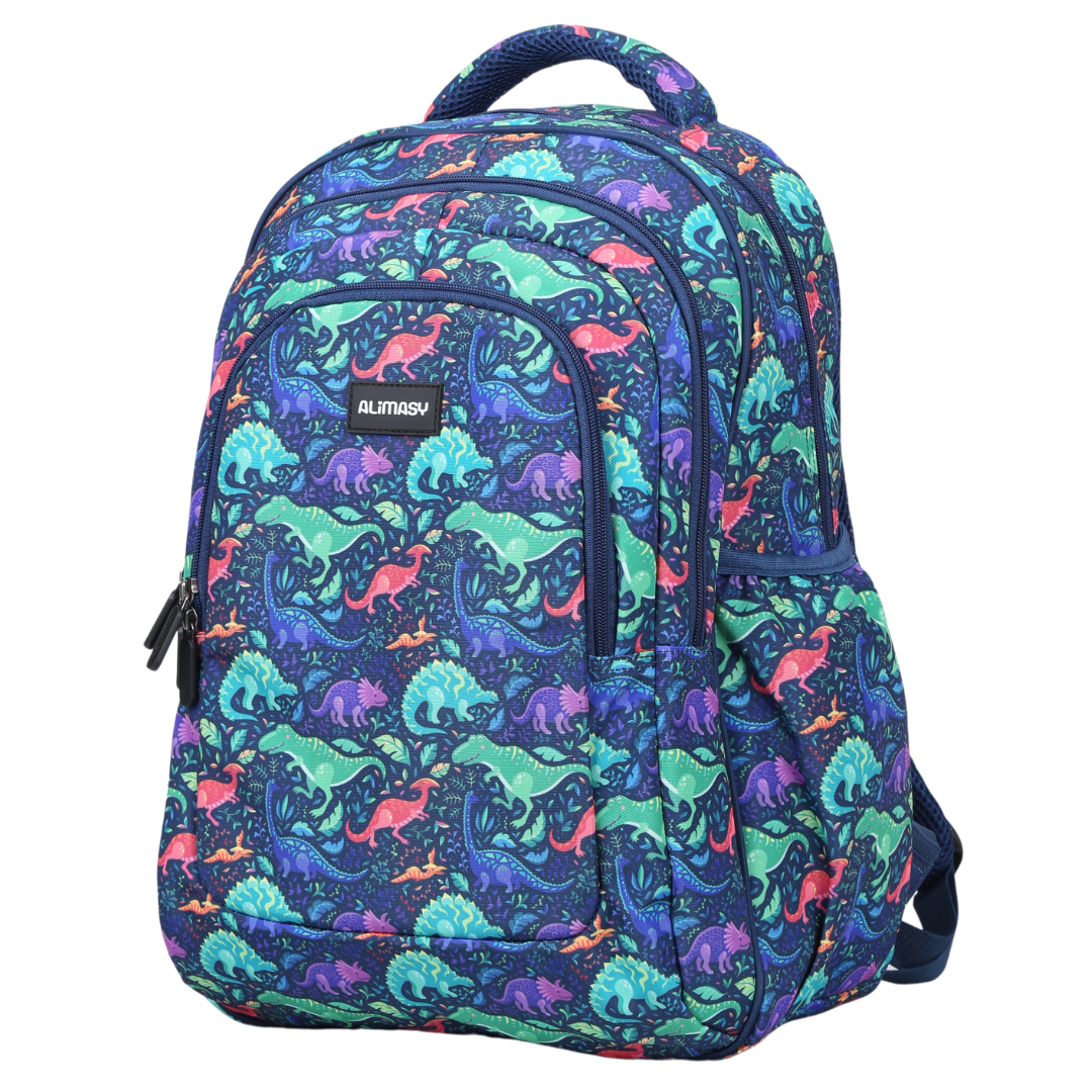 Angled view of Dinosaurs Large School Backpack Lightweight yet strong with YKK zips