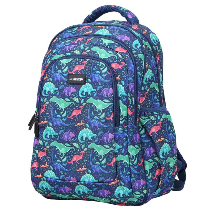 Angled view of Dinosaurs Large School Backpack Lightweight yet strong with YKK zips