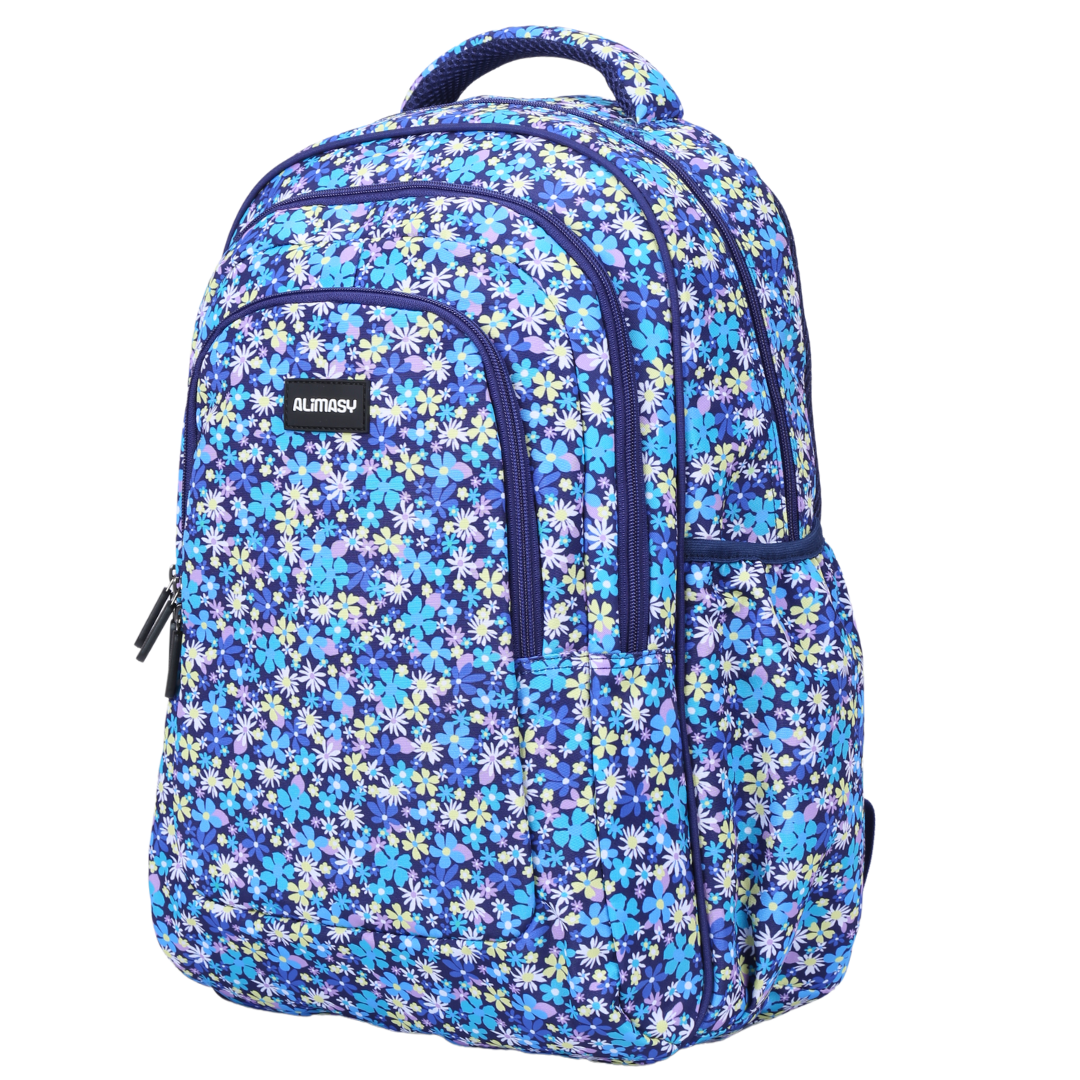 A large school backpack with a bright and colorful floral print, featuring multiple compartments and a padded carry handle.