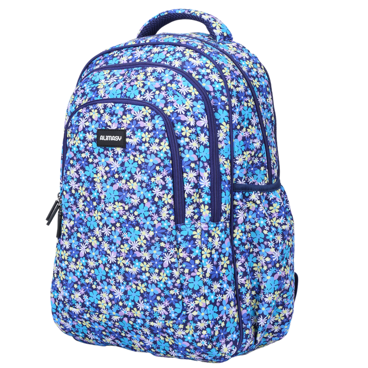 A large school backpack with a bright and colorful floral print, featuring multiple compartments and a padded carry handle.