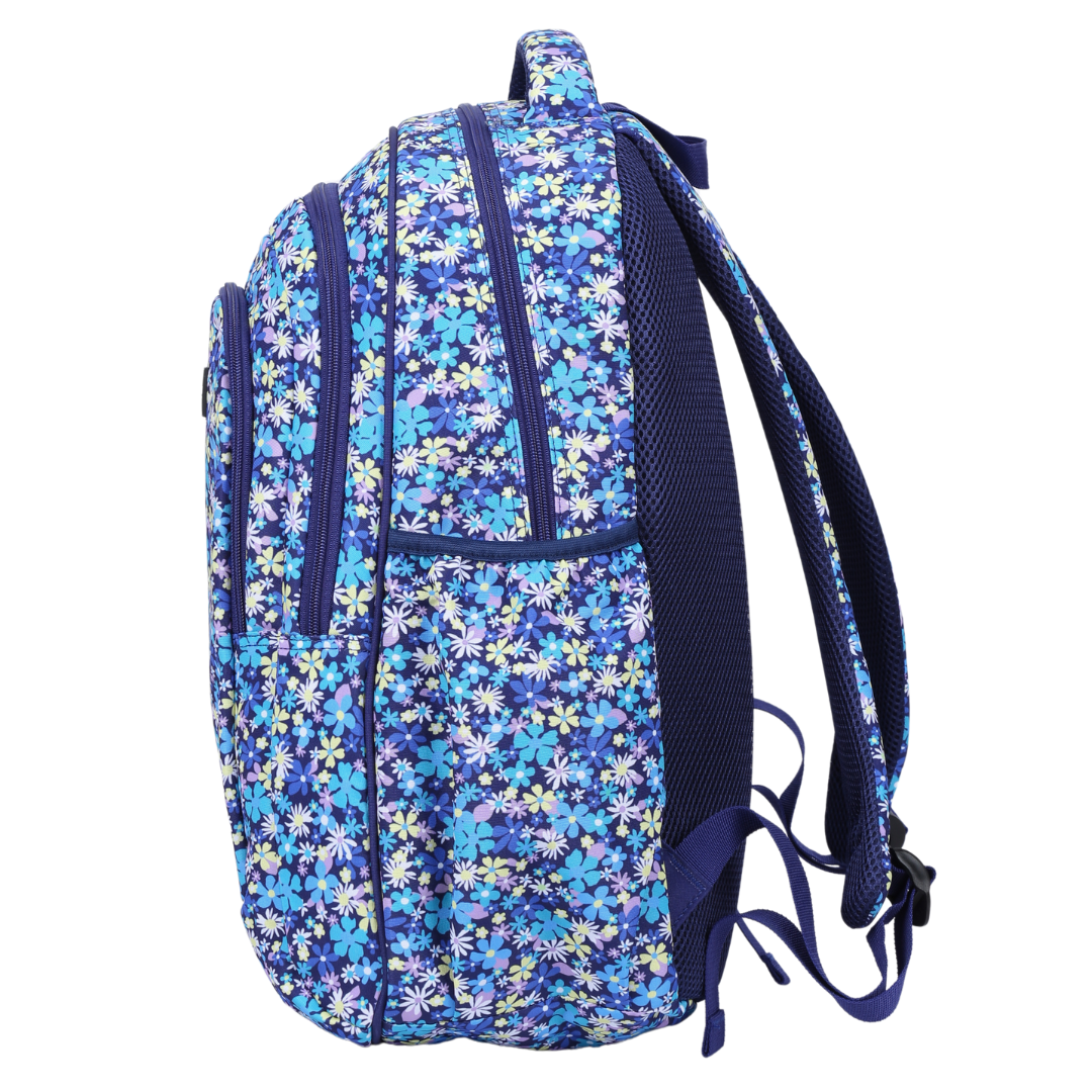 Side view of Ditsy Daisy Large School Backpack Deep side pockets and multiple carry handles