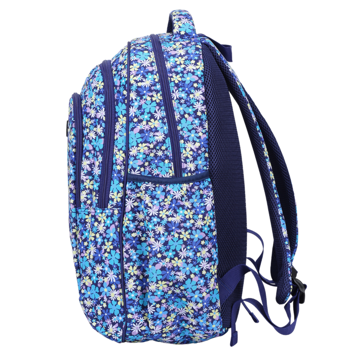 Side view of Ditsy Daisy Large School Backpack Deep side pockets and multiple carry handles