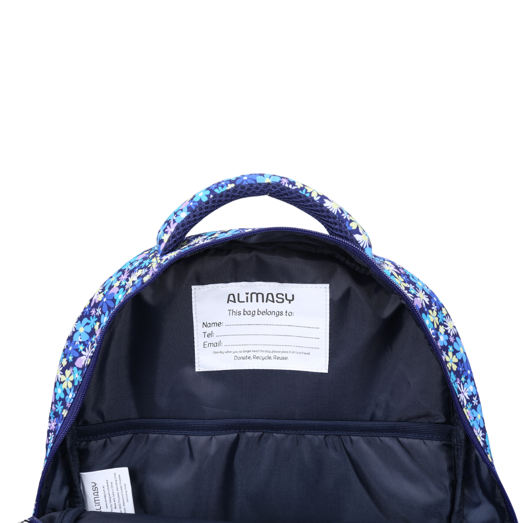 Close-up of Ditsy Daisy Large School Backpack Inner Name Label Easy clean waterproof lining and durable fabric