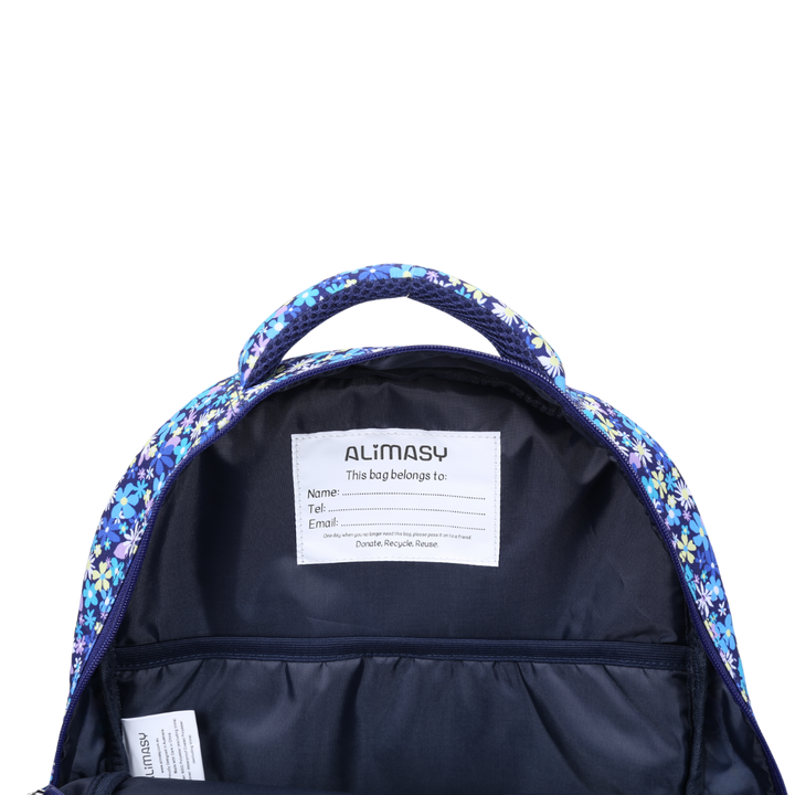 Close-up of Ditsy Daisy Large School Backpack Inner Name Label Easy clean waterproof lining and durable fabric