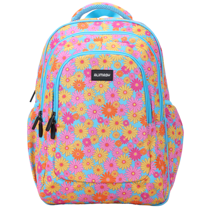 A large school backpack with a colorful ditsy daisy flowers pattern, featuring multiple compartments and a blue zipper.