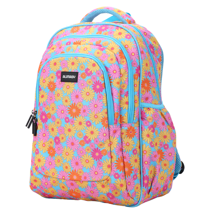 Angled view of Ditsy Daisy Flowers Large School Backpack Lightweight yet strong with YKK zips