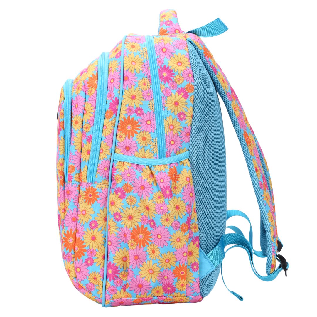 Side view of Ditsy Daisy Flowers Large School Backpack Deep side pockets and multiple carry handles