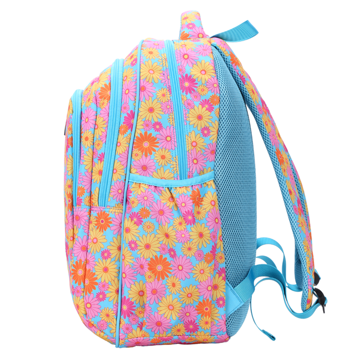 Side view of Ditsy Daisy Flowers Large School Backpack Deep side pockets and multiple carry handles