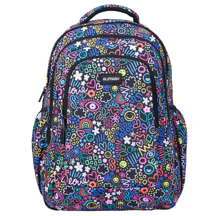 A large school backpack with a colorful doodling printed design, featuring multiple compartments, side pockets, and an ergonomic design with padded straps and back.