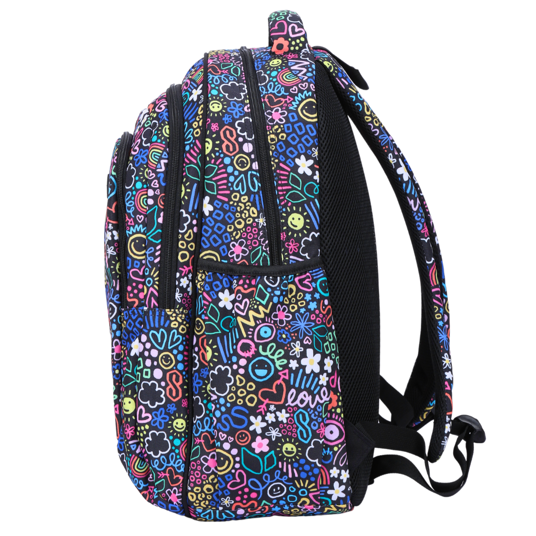 Side view of Doodle Large School Backpack Deep side pockets and multiple carry handles