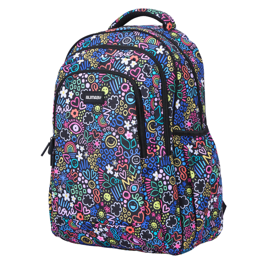 Angled view of Doodle Large School Backpack Lightweight yet strong with YKK zips
