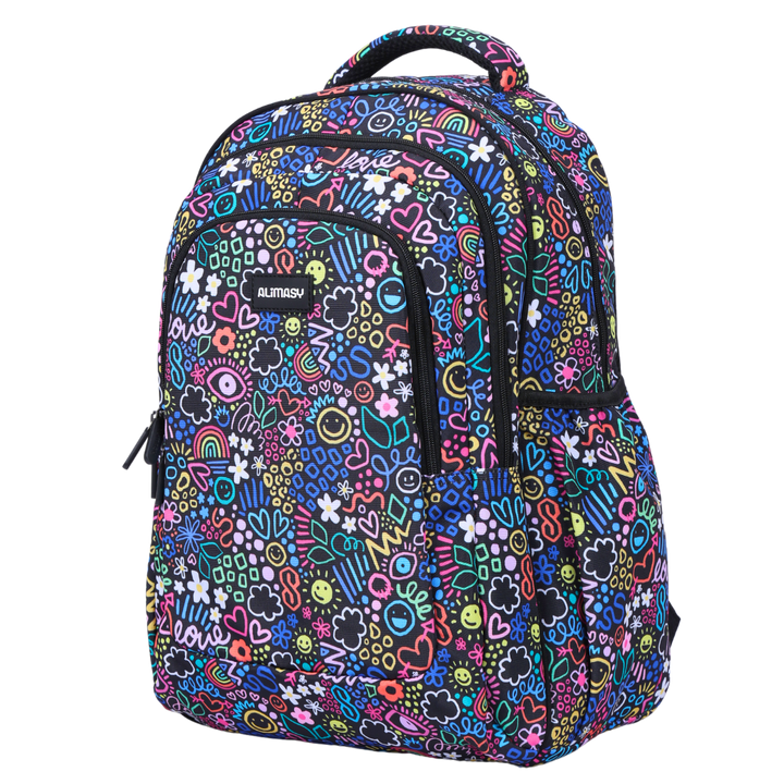 Angled view of Doodle Large School Backpack Lightweight yet strong with YKK zips