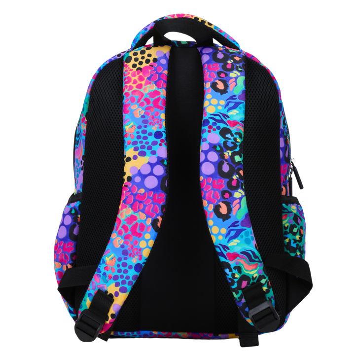 Electric Leopard Midsize Kids Backpack back view ergonomic padded straps and back, comfortable waterproof kids school bag