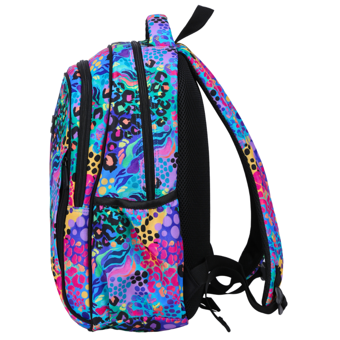Electric Leopard Midsize Kids Backpack side pocket elasticated for secure water bottle storage