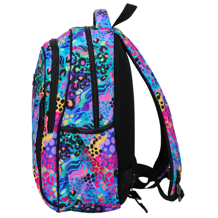 Electric Leopard Midsize Kids Backpack side pocket elasticated for secure water bottle storage