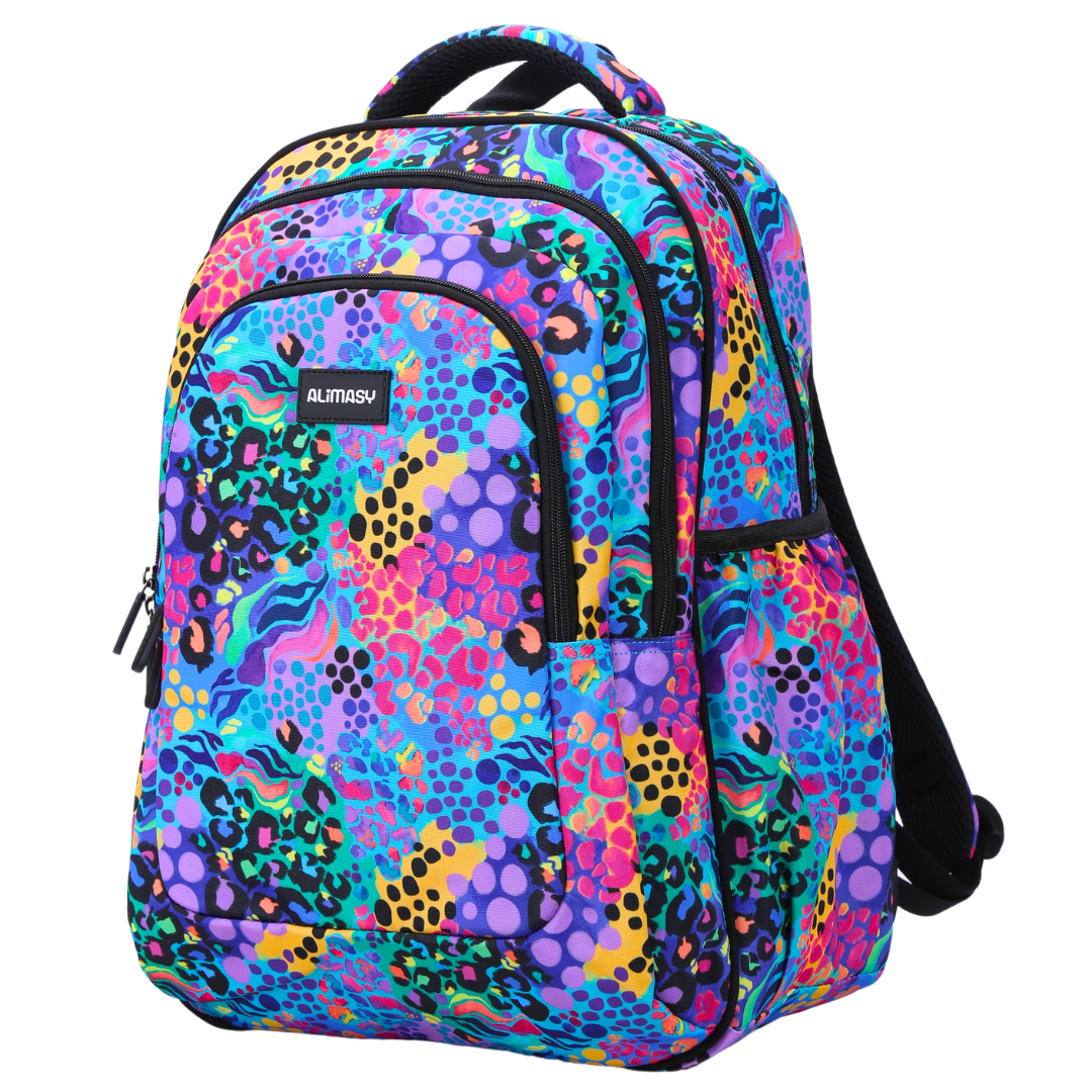 Angled view of Electric Leopard Large School Backpack Lightweight yet strong with YKK zips