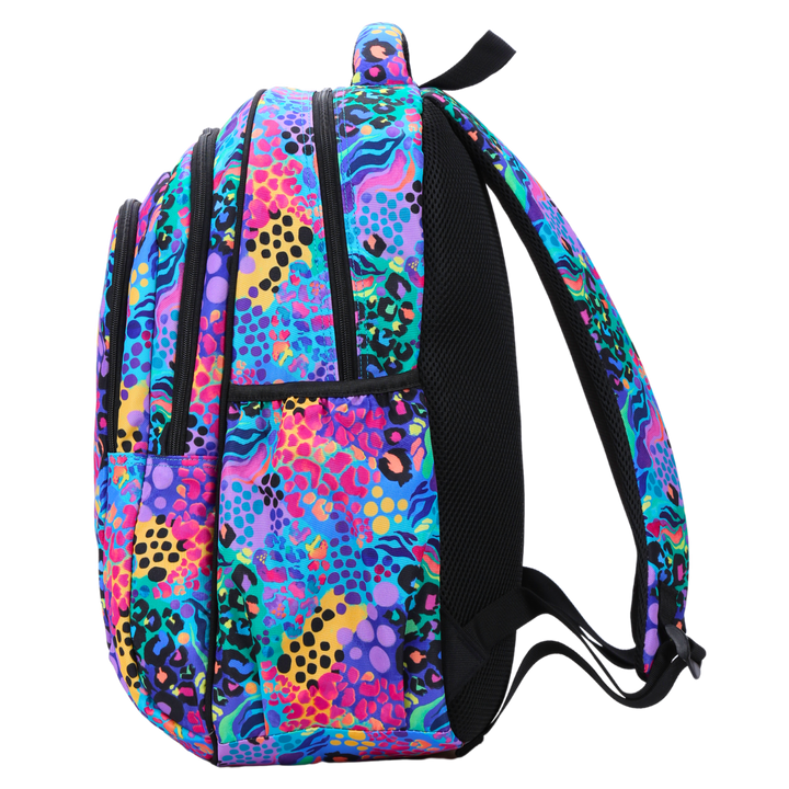 Side view of Electric Leopard Large School Backpack Deep side pockets and multiple carry handles
