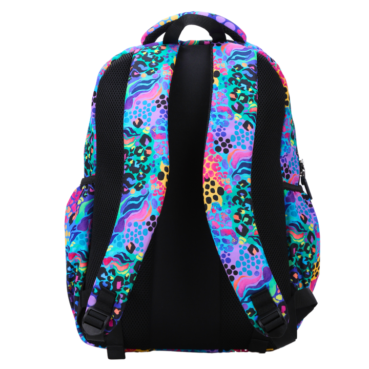 Back view of Electric Leopard Large School Backpack Padded straps and breathable cushions for comfort