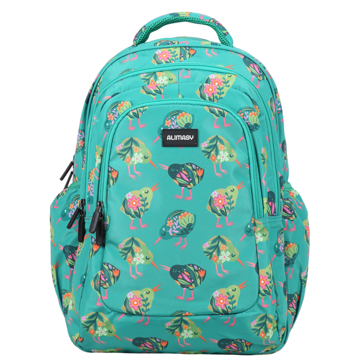 Green kids Backpack with a colorful kiwi bird pattern on a white background