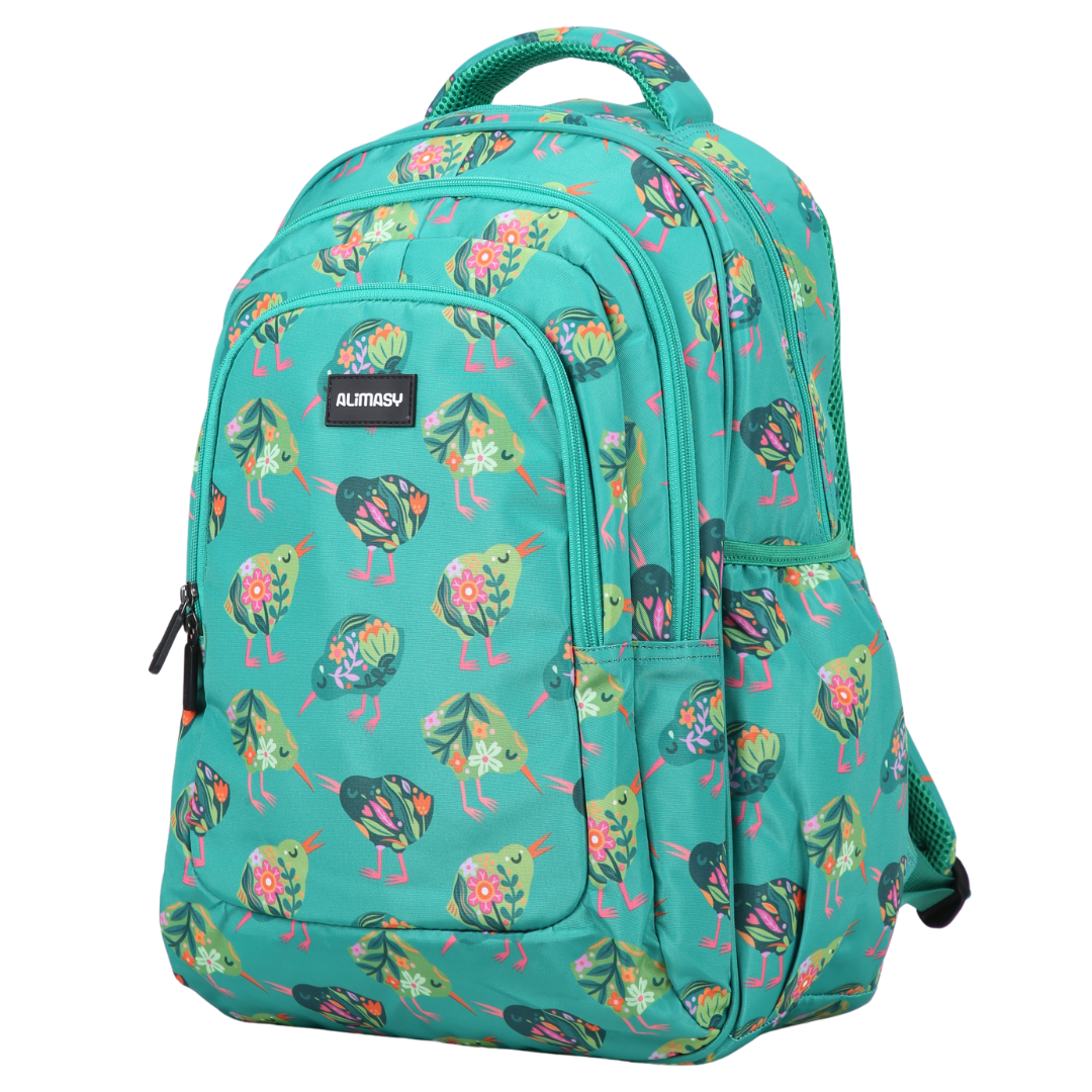 Teal backpack with colorful bird pattern on a white background