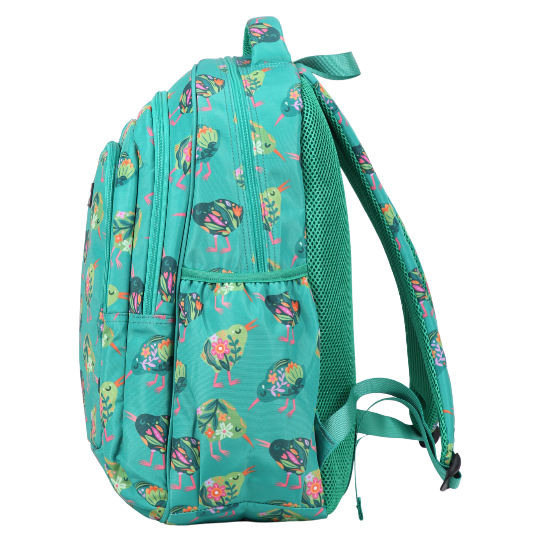Teal backpack with colorful bird pattern on a white background